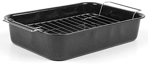 Russell Hobbs CW9161 Fuente para Horno Cuadrada Romano con Esmalte vítreo y Rejilla, 34 cm, antiadherente, bandeja honda grande, acabado moteado, negro