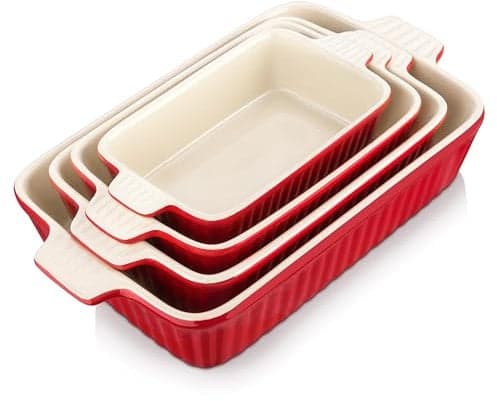 MALACASA Juego de 4 Porcelana Molde Molde Pan Molde Bandeja Para Hornear Molde para Horno Forma Plato Plato Hondo en 4 Tamaño Rojo, Serie BAKE.BAKE